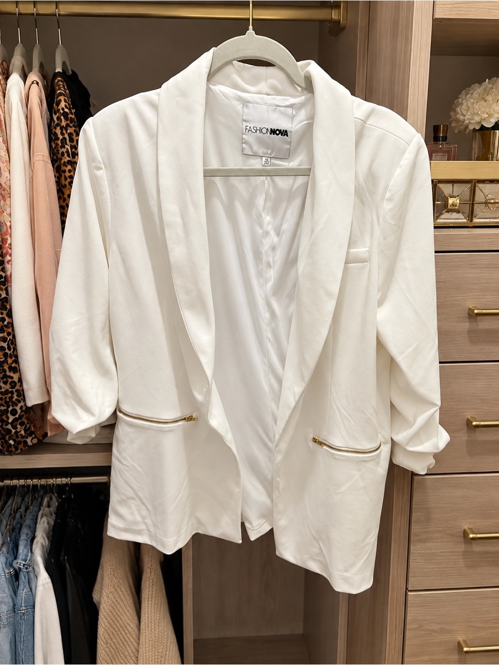 Fashion Nova White Draped Shawl Collar Blazer with Gold Zips